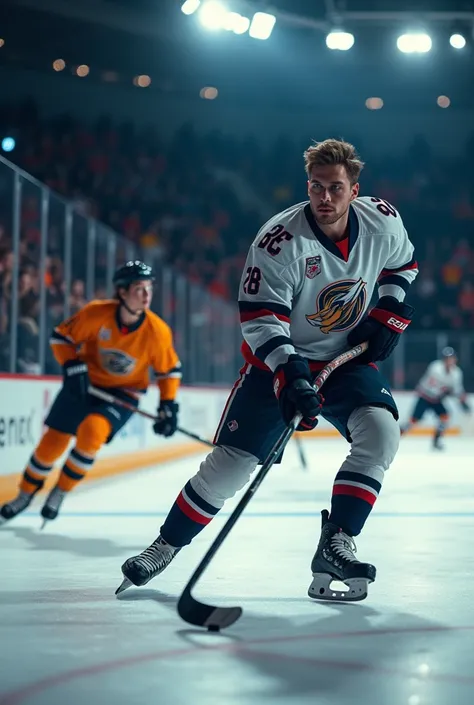  28-year-old male, playing Hockey ,  while a twenty-five-year-old woman, Watching him from the stands