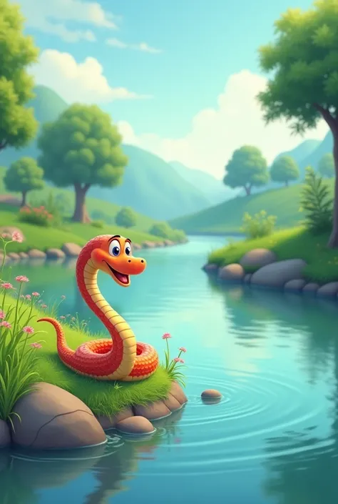 Snake frolicking next to a flat river,  Animated Style , 