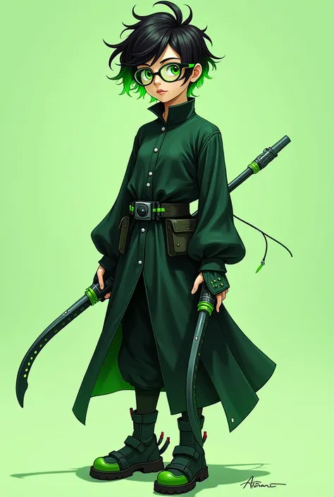 an 18 year old, with 1,67 tall,  with frizzy black hair with green highlights ,  he wears glasses with green frames ,  his costumes are a long shirt blouse with a belt on the wrist,  his boot is attached with rockets , He carries two hooked weapons ,  the ...