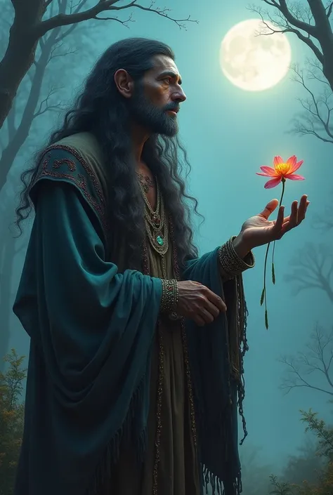 a gypsy man with a flower in his hand, under the moonlight