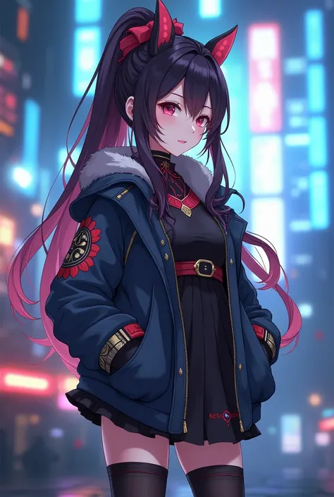 screenshot of a female character in a futuristic anime-style setting, concept art, inspired by Okumura Masanobu, the trend towards cg society , vanity , genshin impact character, zhongli from genshin impact, keqing from genshin impact, genshin, genshin imp...