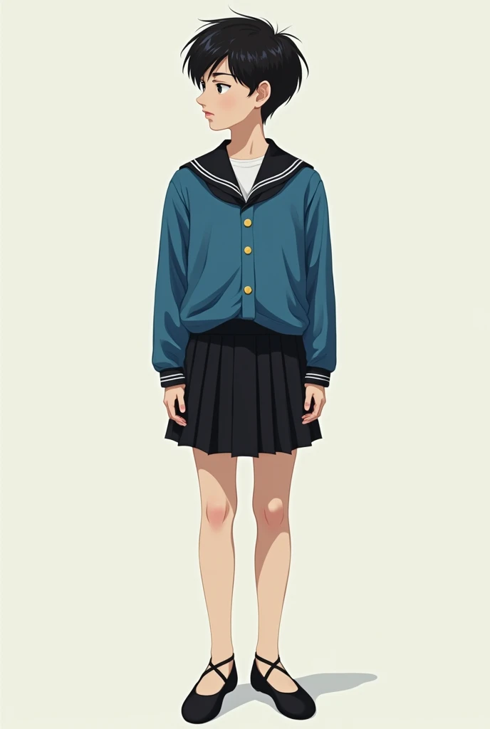 A tall boy in a blue sailor school uniform and short school sailor shorts in black ballet shoes with a barefoot strap