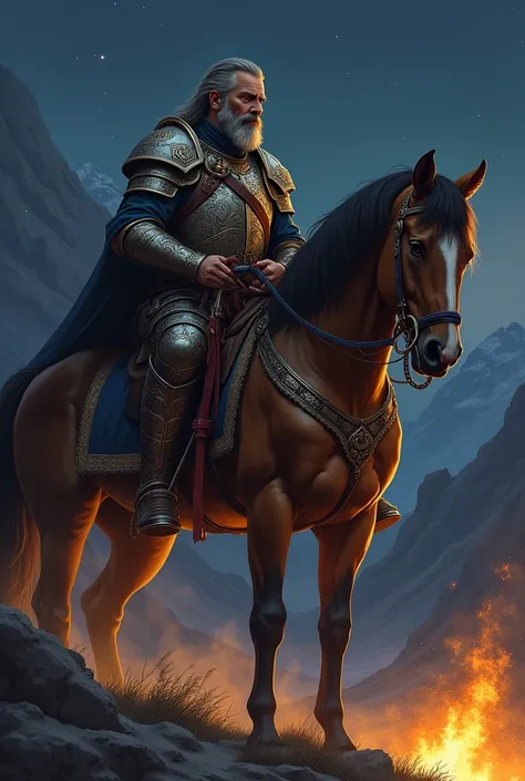 Make a seated horseman looking at a fire with a sword