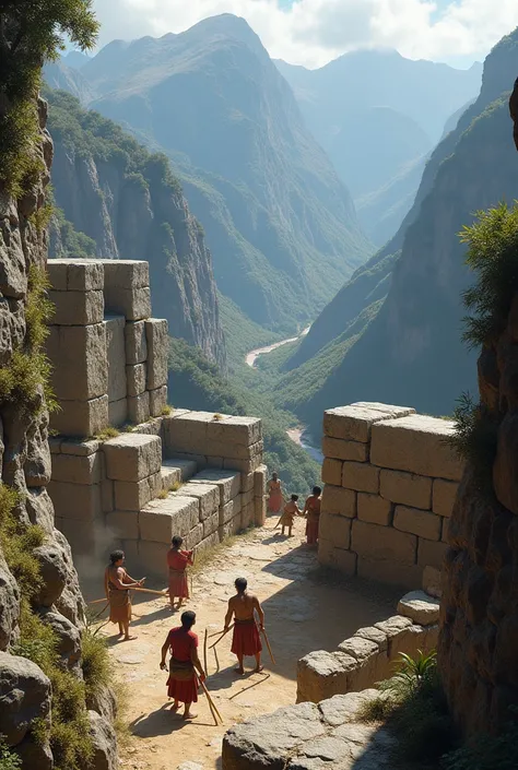 Inca artisans lining up and placing giant stones with rudimentary tools, in the middle of a mountainous landscape .