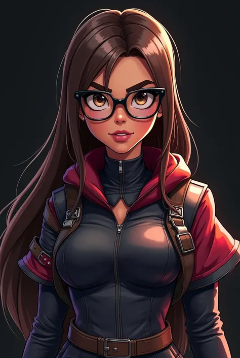 Warrior icon cartoon character with brown long straight hair, brown eyes, dark skin and metal glasses, 2D  drawing character phunk girl
background light black