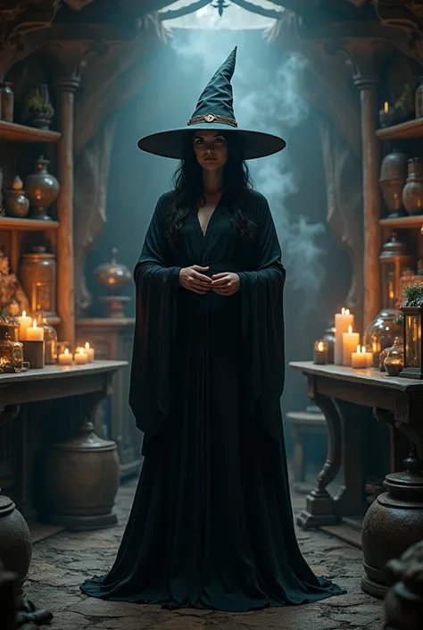 Witch holding her pointy hat in an esoteric hut with candles and crystals 