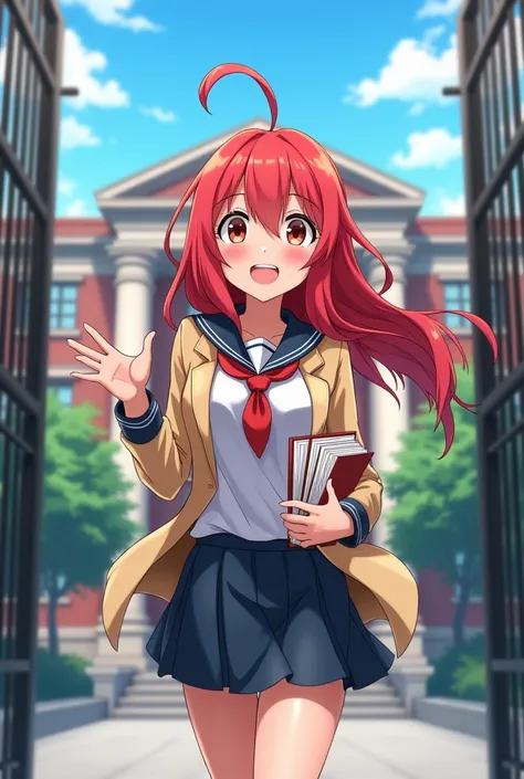 An extroverted anime-style red-haired girl, applying to a school