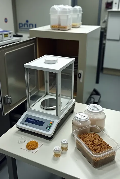 Drying and weighing :

 Includes a drying oven where insoluble samples are dehydrated .
 Place a modern analytical balance on a table ,  together with samples ready to be weighed .
 Add containers with labels for dry waste and soluble fiber collectors.