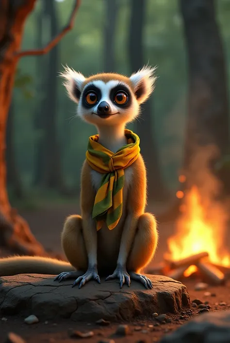 En musique Sifaka assis sur un tronc darbre devant un feu de camp avec un foulard scout autour du cou jaune et vert