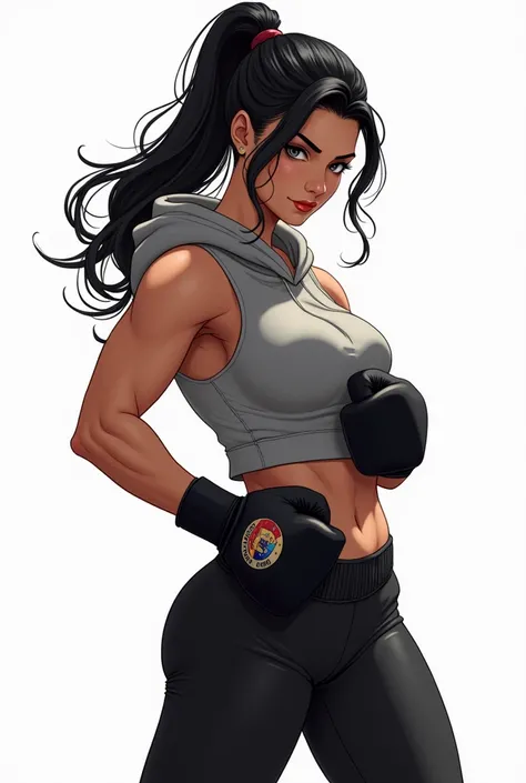 Gorgeous, Sexy , Busty , big boobs Venezuela female with black ponytail wearing black boxing gloves, Gray hoodie and black long pants, boxing fight posed, white background, manhwa art