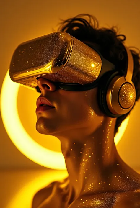  22-year-old handsome male, wearing  metallic gold VR visor,headphones,drooling gold slighty open mouth. Skin golden. small picture insert box top right corner showing 10 displays of golden spiral, progress with different percentages on each screen 
  MIDA...