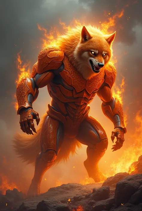 A wolf, with a fire armor, in attack position 