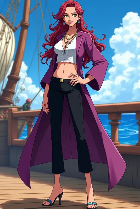 An image in the cartoon style of the anime one piece 1 ,68 thin tall with a thin waist, red hair looking like burgundy, long wavy at the tips and green eyes with an attractive smile, wearing black pants with a white top and a long purple coat, traditional ...