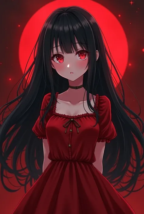 Cutest anime girl with long black hair red dress on a blood background 