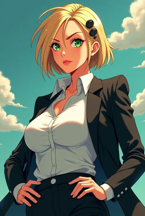 Anime style: a woman with a robust and muscular body with short blond hair,clothing of the head of a billion-dollar company with hair accessories,giant breasts, serious expression , green eyes