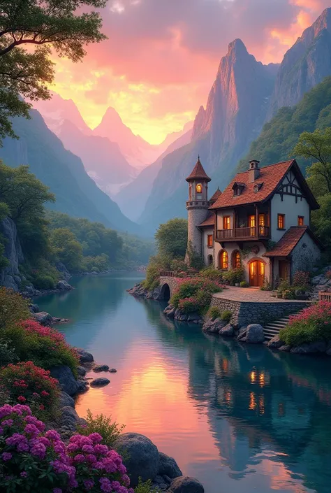 a small village by the river, mountains in the background, floral flowers colorful, detailed landscape, Beautiful natural landscapes, atmospheric lighting, scorching sunset, warm colours, practical, photopractical, Detailed Foliage, complex buildings, cobb...