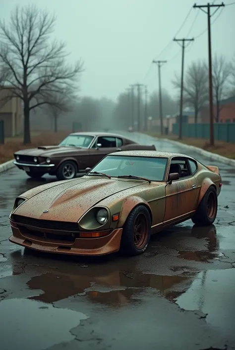 Poul Walker Supra lying in the rain in an abandoned parking lot with a Dominimg Toretto Mustang lying in ruins next to it.