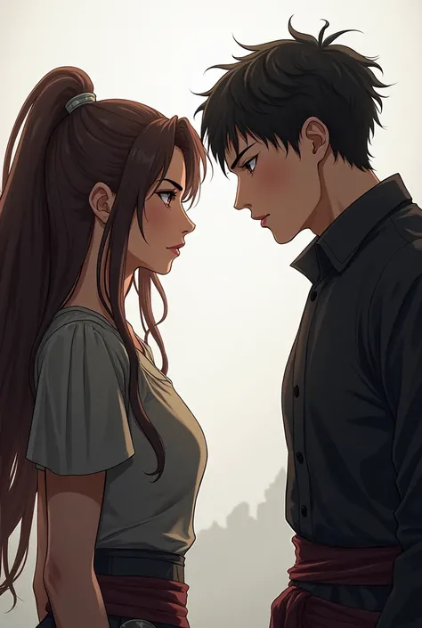 The hero has brown hair up to her waist and her eyes are brown. The hero is Geon Junkook. It is clear that they are enemies and they are in the same picture while they are hostile to each other 