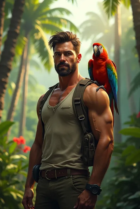 Handsome man with a parrot on shoulder, in a forest, tropical.