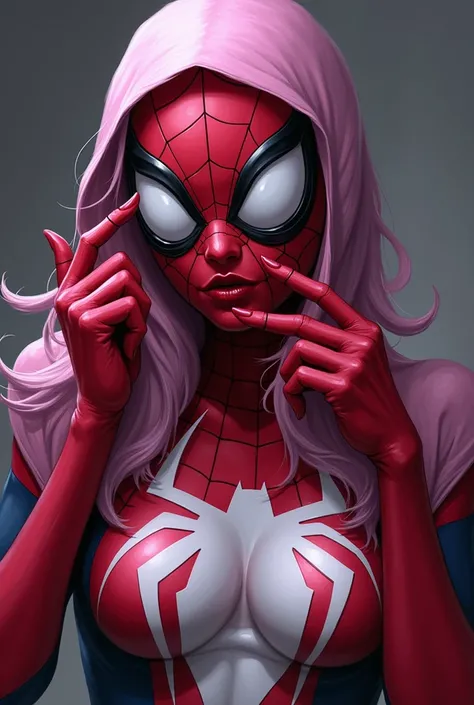 Spider-gwen pinching her nipples while being penetrated