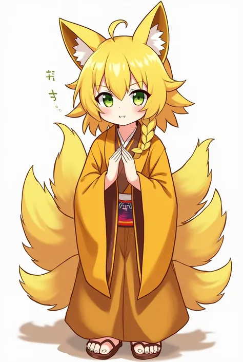 Create an anime boy boy for me, with yellow long hair ,  with wolf ears and 6 wolf tails that are also yellow,  he has green cat eyes ,  he has Japanese clothes that are yellow orange ,