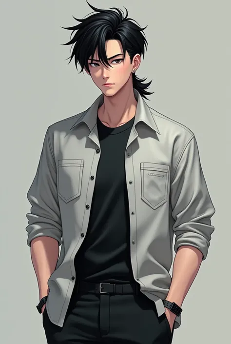 Korean young man. has a black mullet that reaches his shoulders with a clean undercut and black eyes. He has a tall build. He wore the collar shirt of the High School male uniform with a black t-shirt underneath and a pair of black pants instead of the tro...