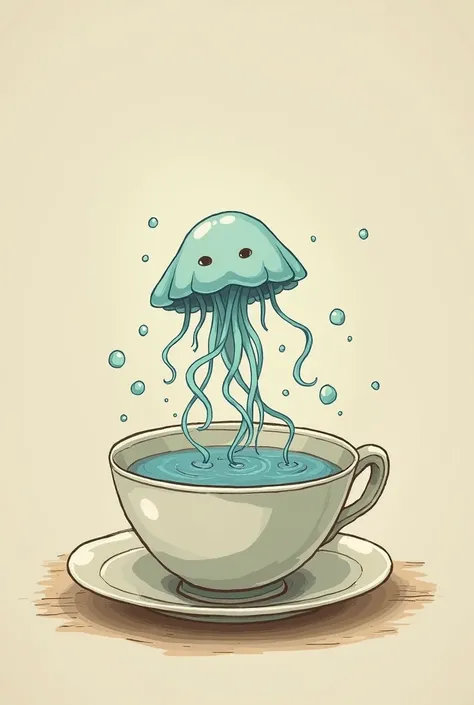 Jellyfish swimming in a teacup simply drawn by ren View from above 