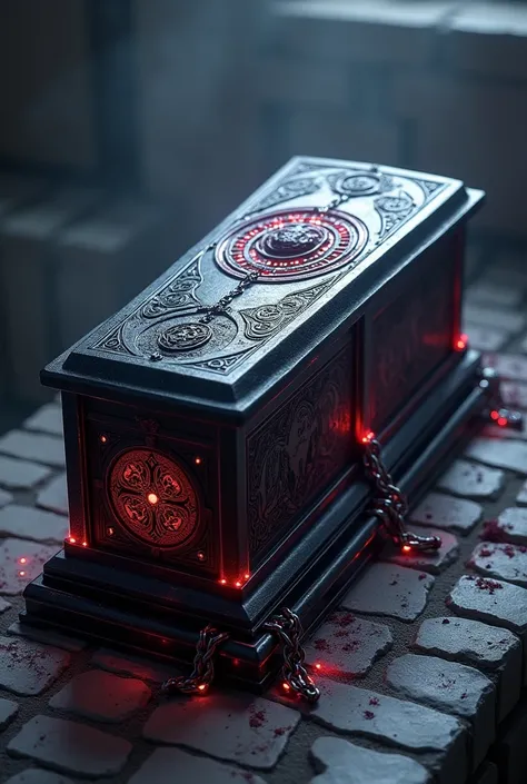 An imposing and sinister coffin, made of a lustrous black stone similar to onyx, with a dark and mysterious finish. The lid of the coffin is adorned with intricate arcane symbols and ancient runes, carved in an intricate pattern that seems to pulse with un...