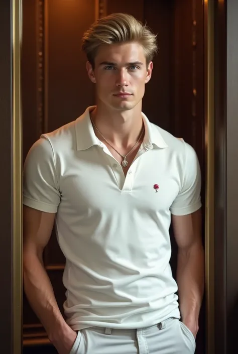 Hot finance man, blonde, blue eyes, white polo shirt, necklace, slim, athletic, cute, nice, young, elevator, old money style, cute and nice