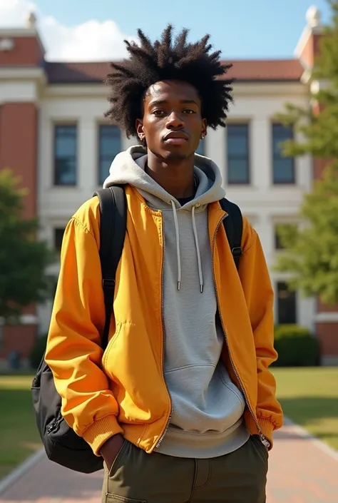  a caramel-skinned black boy , Athletic body,  hair in a stripped-down Afro style ,  always dressed in modern clothes full of personality.  Jason is ambitious and passionate about hip hop ,  seeking a career as a singer . Standing in front of a university....