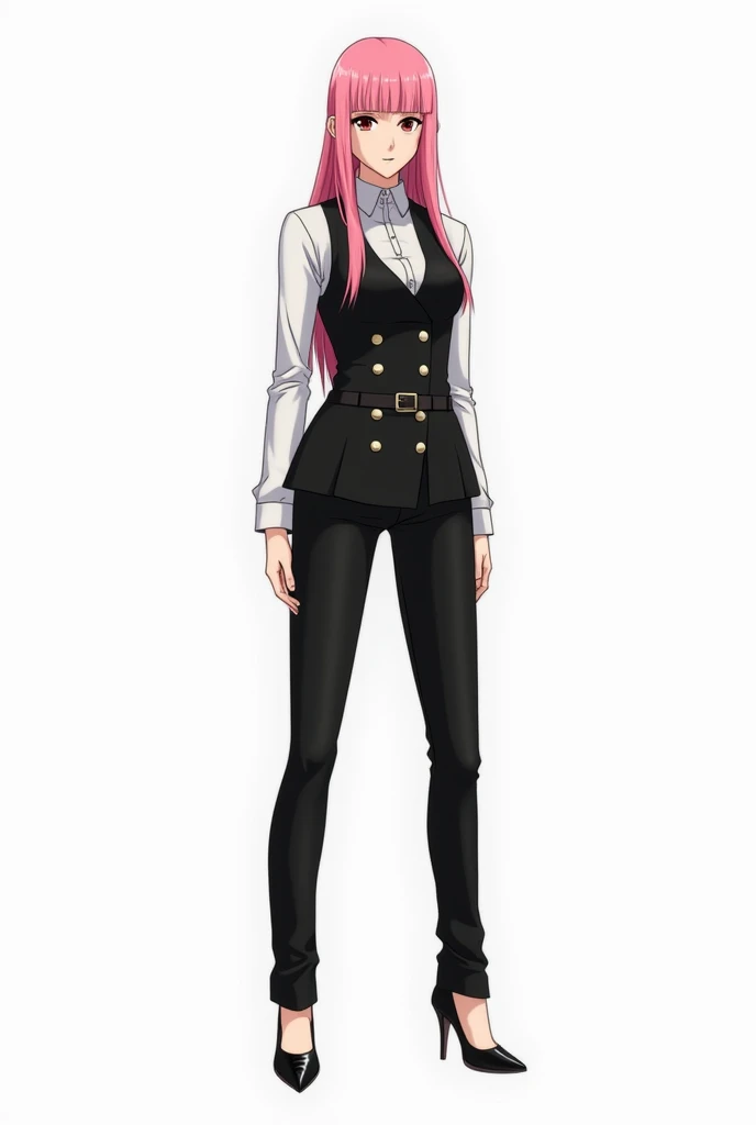  Play the character in the traits of Togashi author of Hunter x Hunter, Play in the traits of the anime Hunter x Hunter , make on a white background,  Make the characters full body. She has long pink hair with square and straight bangs ,  wears a black but...