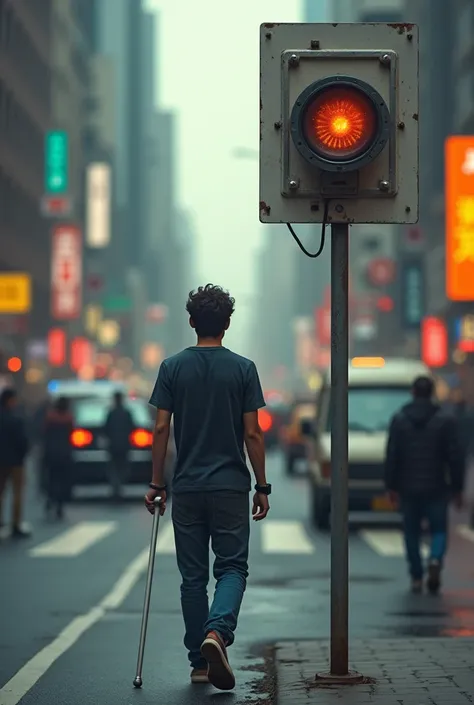 Blind young man holding a cane and with a watch on his wrist walking down the street and coming near a sign that has a speaker,  speaker and then there are signs of connection occurring between the plate and the watch , Indicating that there is a connectio...