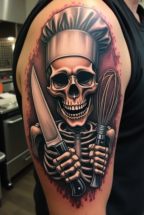 Teschio chef tattoo  con coltello e frusta da cucina 