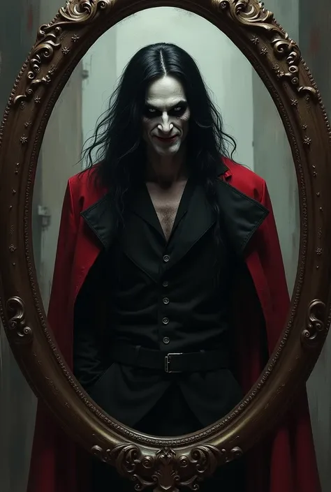  A tall, slender man dressed in black ,  WHITE AND RED, with long black hair, sin pupilas, in a mirror frame .  smiling, Similar to Knull in the Marvel .