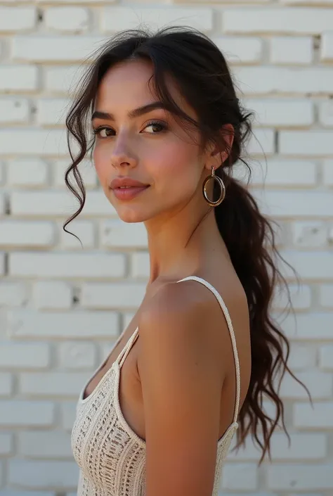 arafed woman standing in front of a white brick wall, a picture by Jeffrey Smith, cg society contest winner, realism, nice afternoon lighting, profile pic, taken in the early 2020s, headshot profile picture, profile shot, portrait sophie mudd, violet myers...