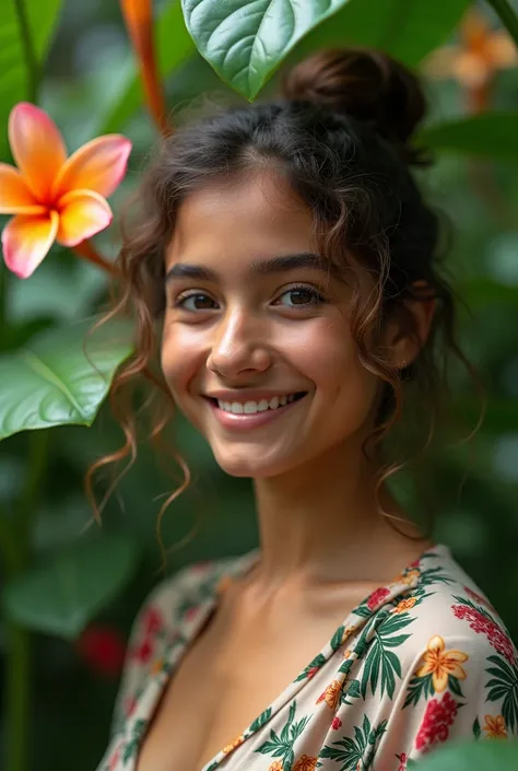  A 14-year-old Brazilian woman in a lush tropical garden, wearing an open shirt with a floral print,  with a close up capturing the harmonious beauty between your breasts and natural flowers,  showing your natural charm and outgoing personality.