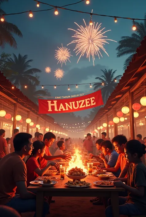 "Create a hyper-realistic image of a lively New Year 2025 celebration in an Indonesian village. The scene showcases a festive gathering with people playing traditional games like congklak or tug-of-war, others grilling chicken over an open fire, and famili...