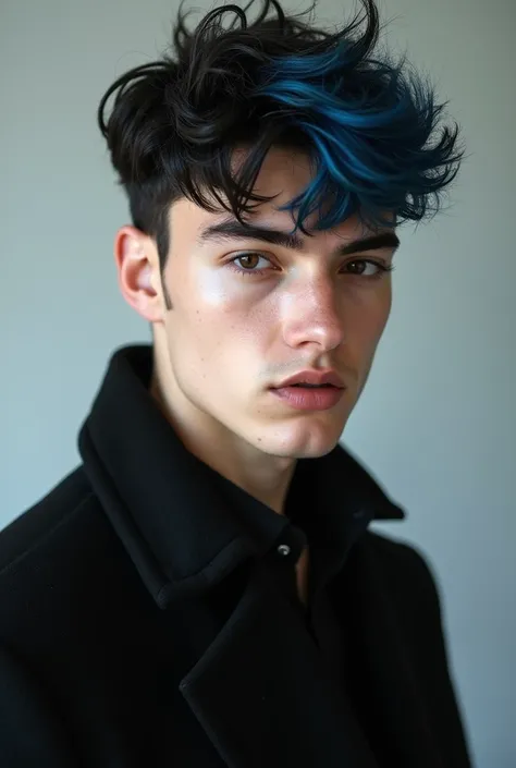  18-year-old boy , white skin , bushy eyebrows,black hair with blue highlights , black eyes, and is dressed like a model 