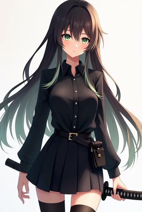 anime version: Dark brown-haired woman with light tips, green eyes and some makeup on the face ,  a blouse with sleeves and buttons to close the blouse and the color of the blouse is black, short black skirt and a black belt with a Katana and medium socks 