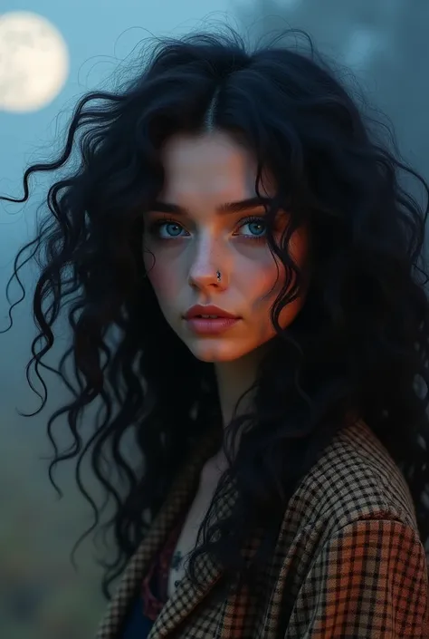 A very beautiful girl with blue eyes, wide eyelashes, very thick hair, curly curly, black gypsy. The night is white. She wears a brown square check jacket