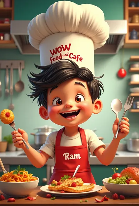 big big head boy with smiling Face cooking various food in  kitchen with name wow food and cafe clearly  seen and name ram in apron