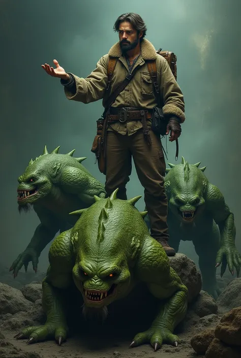  Man dressed as a traveler with his backpack is standing on three very scary green monsters ,   the man has his hand extended in his hand he has his palm open waiting for something to fall on it, his face is looking at the monsters with a face of arrogance...