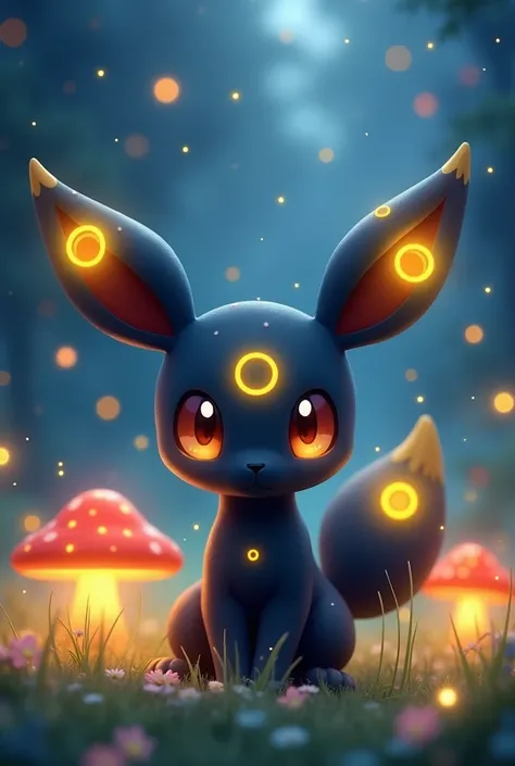 "A baby Umbreon in a cute, oversized form, with large glowing yellow rings on its ears, tail, and body. Its eyes are big and innocent, exuding a playful yet calm demeanor. The baby Pokémon is sitting in a cozy, moonlit meadow surrounded by soft glowing mus...