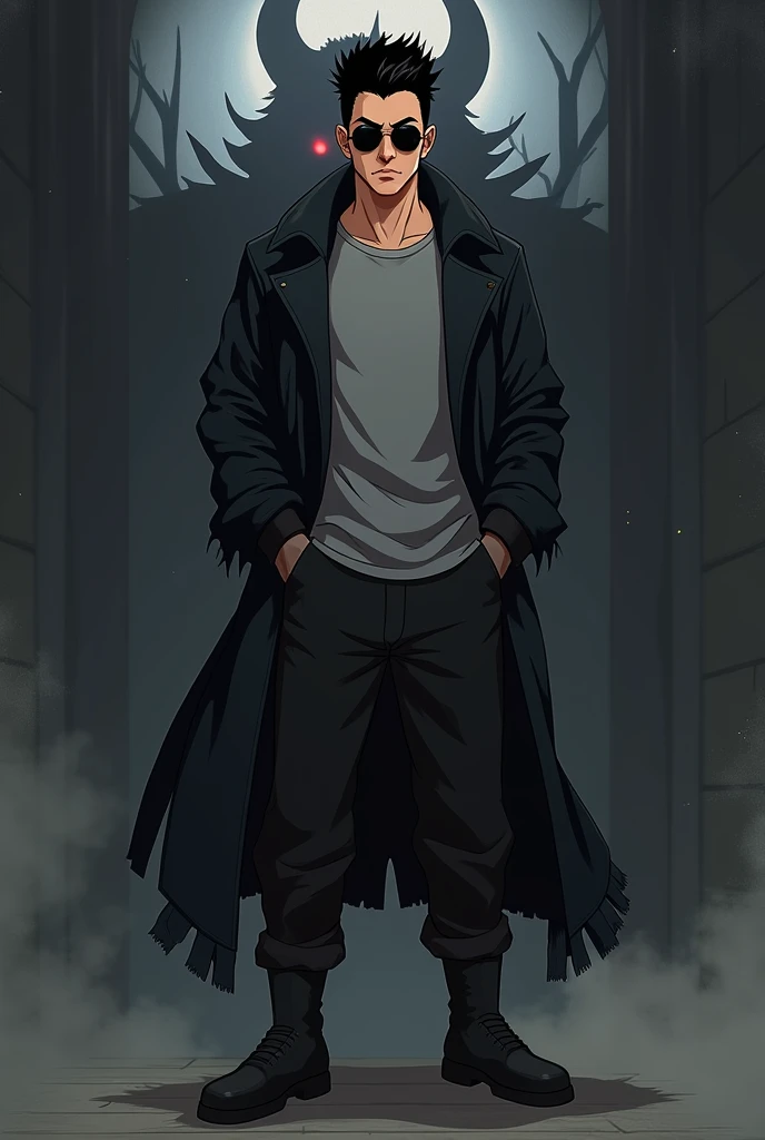 A male, Tan skin, Black spiky hair, tall, Black round sunglasses, Grey t-shirt, Black knee lenght coat with high Torn collar zipped all way up, Black baggy pants, Black boots, both hands in pockets, demon in background, anime style