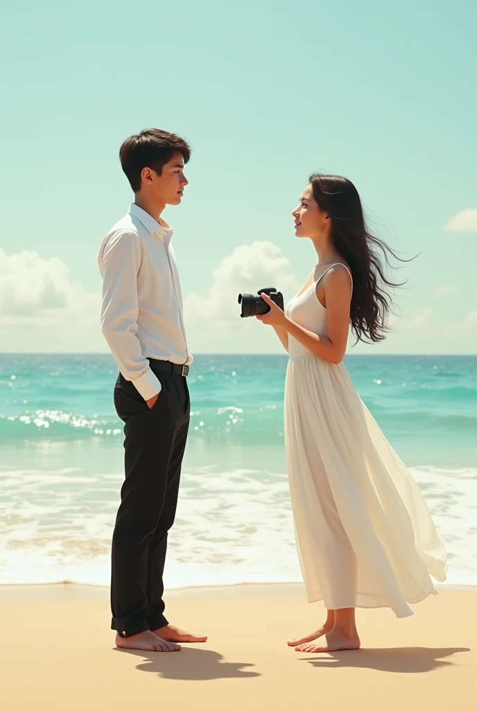 Rencontre entre un jeune écrivain portant une chemise blanche et une pantalon noir et une fille photographe portant une Rombe blanche dans une plage 