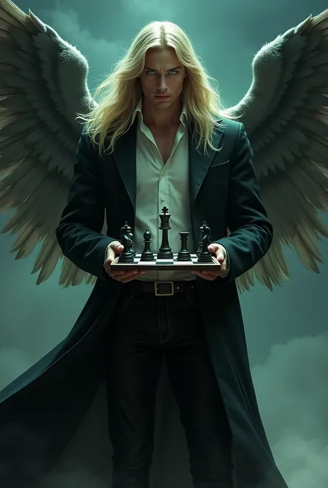 Sexy man green eyes long blond hair black overcoat with wings on his back black jeans with a chess board in his hand at night 