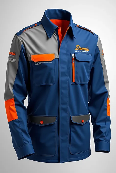 "Design of a uniform with buttons in place of the simple non-synthetic zipper for a locksmith and metal structures company called Dennis Serralheria. Sem logo só a camisa a camiseta deve ter um esquema de cores cinza metálico e azul royal escuro with orang...