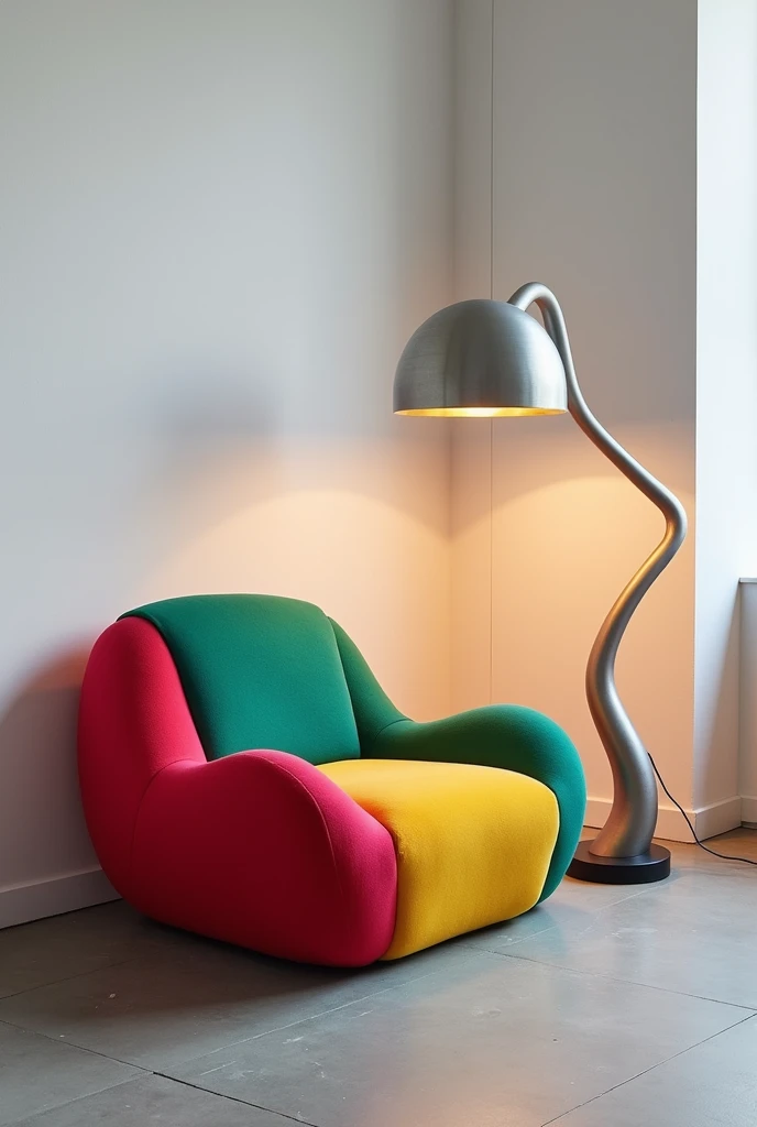 A modern, artistic interior showcasing a whimsical armchair made of two interlocking foam puzzle pieces alongside a floor lamp inspired by the innovative design of Philippe Starck. The armchair, with its bold, rounded edges and vibrant fabric in playful co...