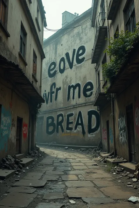 An old street street with the words “Give me bread” 