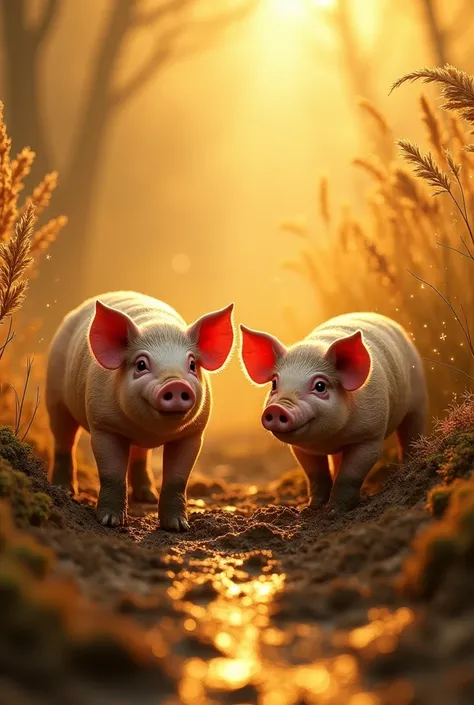 Two pigs dirty with mud in a golden environment 
